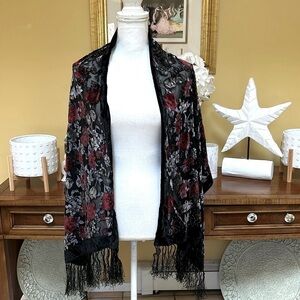 Vintage Y2K Black Velvet Burnout 100% Silk Red Silver Floral Fringe Wrap Scarf